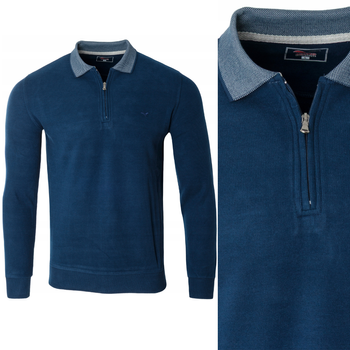 Bluza męska niebieska z kołnierzykiem na zamek ze ściągaczami bawełna - Reymo