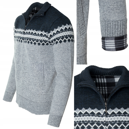 Sweter męski rozpinany ocieplany polarem jesienny szaro-granatowy ze wzorem 