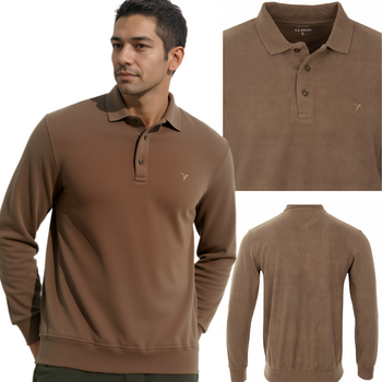 Klasyczna bluza męska bawełniana z kołnierzem brązowa gładka - Reymo 