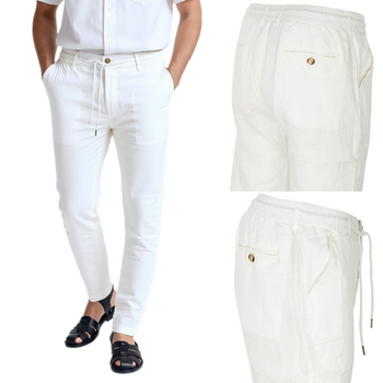 Spodnie męskie materiałowe lniane letnie - białe