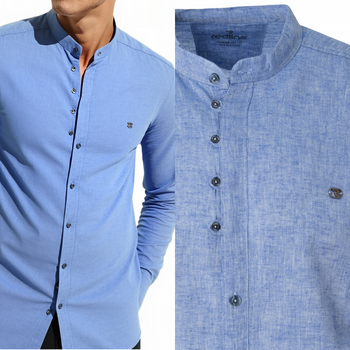 Koszula męska lniana casual niebieska letnia przewiewna - Redline