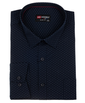 Granatowa koszula w kropki męska bawełniana z kołnierzykiem długie rękawy- MODELY 