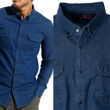 Koszula męska bawełna casual granatowa jeansowa letnia przewiewna - Redline