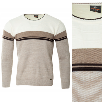 Sweter męski z okrągłym dekoltem beżowy wzór pasy wełniany klasyczny - Devanti