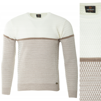 Sweter męski z okrągłym dekoltem beżowy wzór geometryczny pasy wełniany klasyczny - Devanti