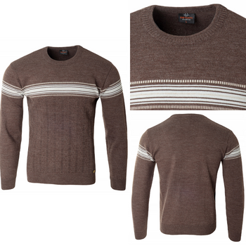 Sweter męski z okrągłym dekoltem brązowy pasy klasyczny - Devanti