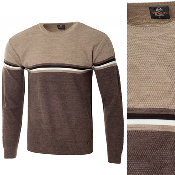 Sweter męski z okrągłym dekoltem brązowy wzór pasy wełniany klasyczny - Devanti
