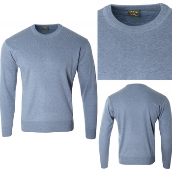 Sweter męski z okrągłym dekoltem wełniany niebieski gładki klasyczny - Devir