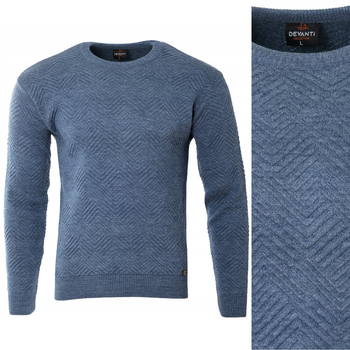 Sweter męski z okrągłym dekoltem niebieski wzór wełniany klasyczny - Devanti
