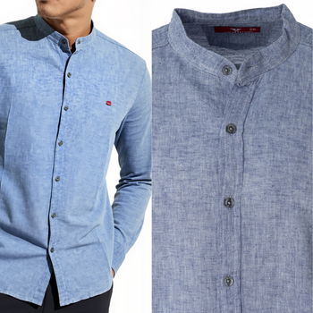 Koszula męska len bawełna casual niebieska-melanż letnia przewiewna - Redline