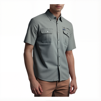 Koszula męska krótki rękaw regular szara z kieszeniami - P&S