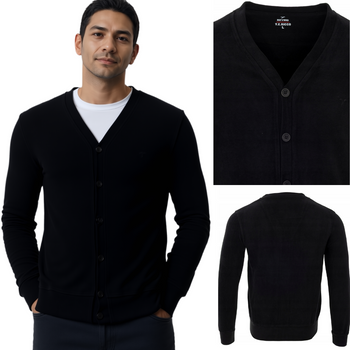 Sweter męski zapinany na guziki wiosenny V-dekolt czarny gładki - Reymo