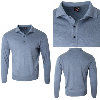 Sweter męski niebieski z kołnierzykiem na guziki ze ściągaczami wełna gładki Devir Orme