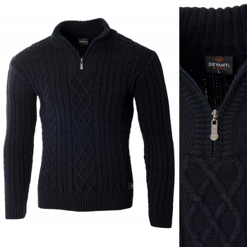 Sweter męski półgolf krótkie zapięcie na zamek granatowy we wzór klasyczny - Devanti