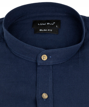 Koszula męska jak lniana granatowa ze stójką slim długie rękawy- Lumi Blu