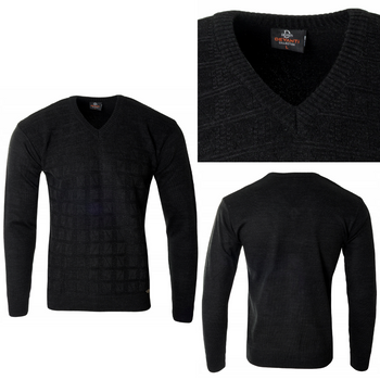 Sweter męski czarny dekolt w serek V wzór kratka wełniany turecka Devanti