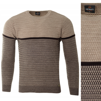Sweter męski z okrągłym dekoltem brązowy wzór geometryczny pasy wełniany klasyczny - Devanti
