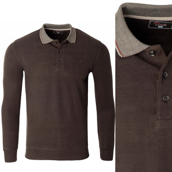 Bluza męska ciemno-brązowa gładka z kołnierzykiem polo na guziki ze ściągaczami bawełniana - Reymo
