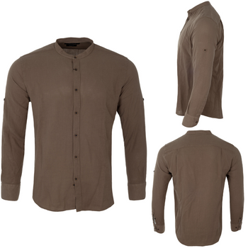 Brązowa koszula stylizowana na len ze stójką męska bawełniana slim comfort długie rękawy- Viadi POLO