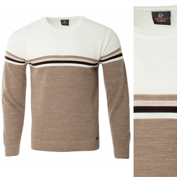 Sweter męski z okrągłym dekoltem brązowo-biały wzór pasy wełniany klasyczny - Devanti
