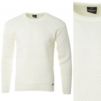 Sweter męski z okrągłym dekoltem ecru wzór pasy wełniany klasyczny - Devanti