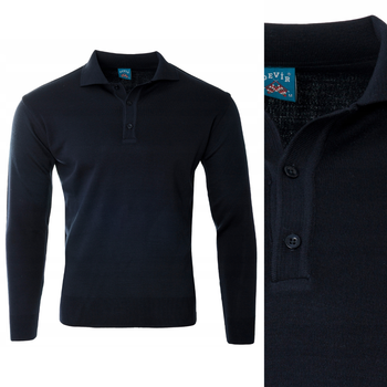 Sweter męski ciemno-granatowy z kołnierzykiem na guziki ze ściągaczami wełna gładki Devir Orme