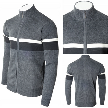Sweter męski rozpinany jesienny ciemno-szary paski - Must
