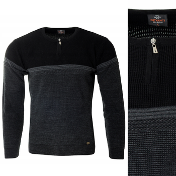 Sweter męski z okrągłym dekoltem na krótki zamek czarny klasyczny - Devanti