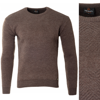 Sweter męski z okrągłym dekoltem ciemno-brązowy wzór wełniany klasyczny - Devanti