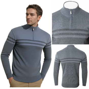 Sweter męski rozpinany krótki zamek ciemno-szary wzór w pasy półgolf - Must