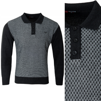 Sweter męski czarny z kołnierzykiem polo na guziki ze ściągaczami wełna we wzór - Reymo