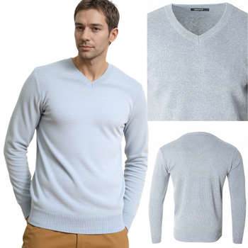 Sweter męski z dekoltem w serek V-dekolt jasno-szary - MUST