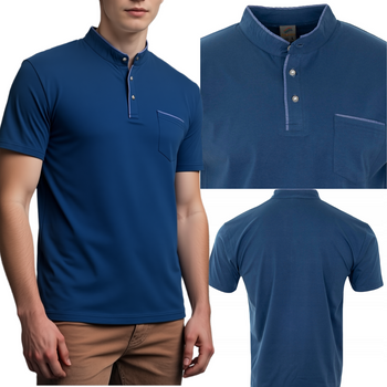 Koszulka męska polo ciemno-niebieska kołnierz stójka z kieszenią - POLMSWISS