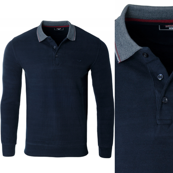 Bluza męska granatowa gładka z kołnierzykiem polo na guziki ze ściągaczami bawełniana - Reymo