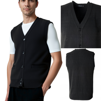 Sweter bezrękawnik męski rozpinany z dekoltem w serek V-dekolt czarny - MUST