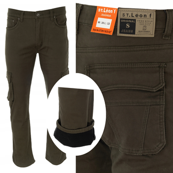 Spodnie męskie bojówki ocieplane polarem bawełniane proste zielone - St. Leon