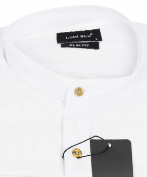 Koszula męska jak lniana biała ze stójką slim długie rękawy- Lumi Blu