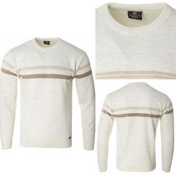 Sweter męski z okrągłym dekoltem jasno-beżowy wzór pasy wełniany klasyczny - Devanti