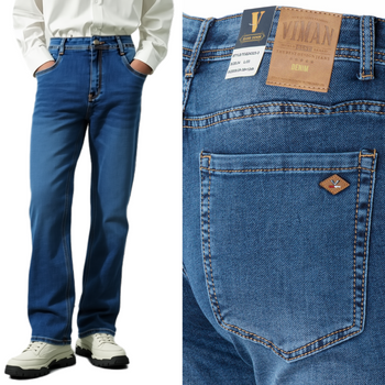 Spodnie jeansy męskie z lekkimi przetarciami niebieskie proste bawełniane - Viman
