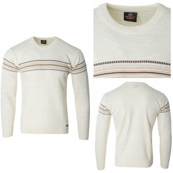 Sweter męski z okrągłym dekoltem jasno-beżowy wzór pasy wełna klasyczny - Devanti