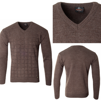 Sweter męski brązowy dekolt w serek V wzór kratka wełniany turecka Devanti