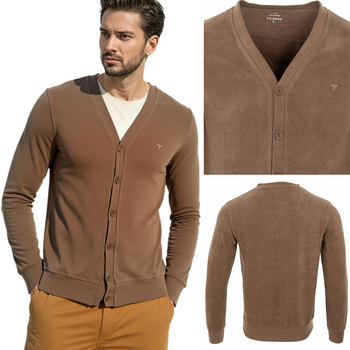 Sweter męski zapinany na guziki wiosenny V-dekolt brązowy gładki - Reymo