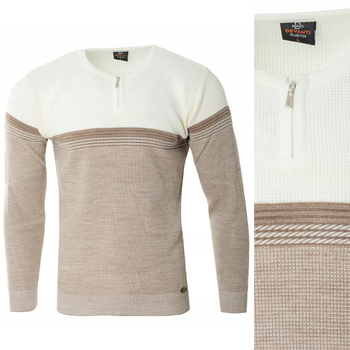 Sweter męski z okrągłym dekoltem na krótki zamek beżowo-biały klasyczny - Devanti